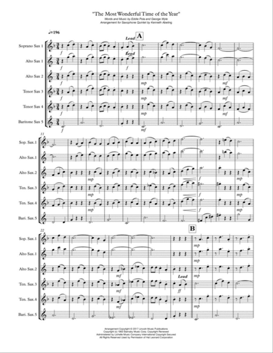 The Most Wonderful Time Of The Year Saxophone Quintet scores gallery preview page 2