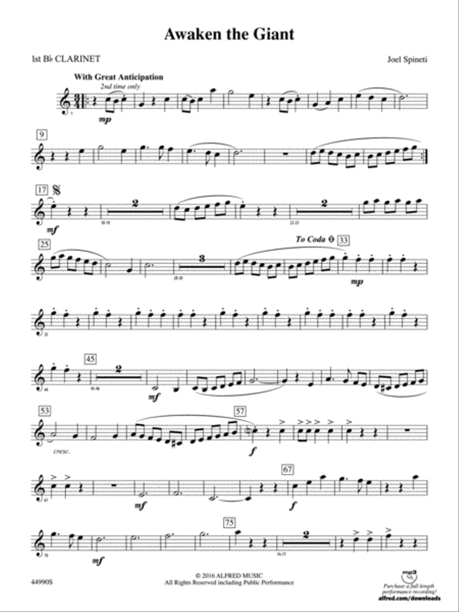 Awaken the Giant: 1st B-flat Clarinet Concert Band scores gallery preview page 1
