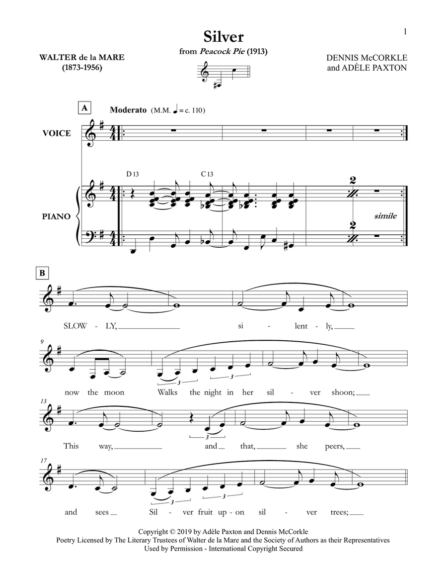 Silver - An Original Song Setting of Walter de la Mare's Poetry for VOICE and PIANO: Key G Piano, Vocal scores gallery preview page 4
