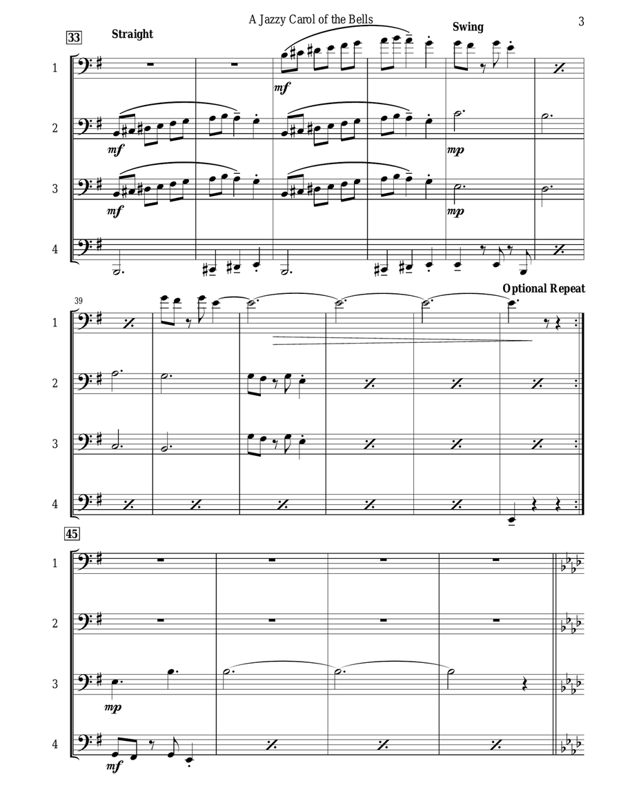 Carol of the Bells (Jazz Waltz for Trombone Quartet) Brass Quartet scores gallery preview page 4