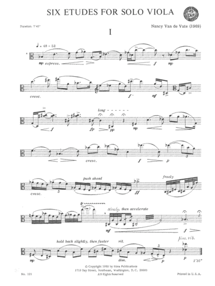 [Van de Vate] Six Etudes for Solo Viola