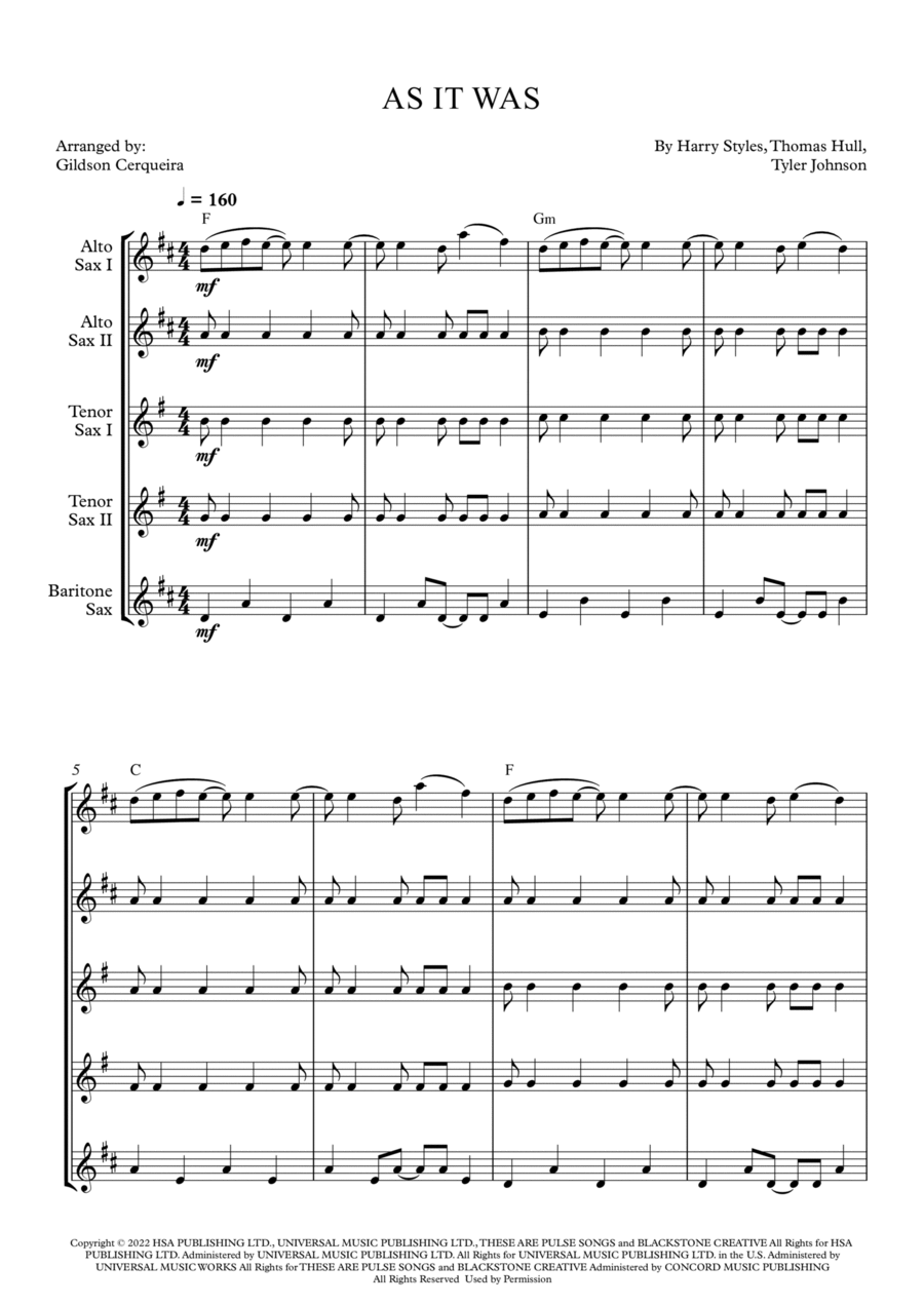As It Was Saxophone Quintet scores gallery preview page 1