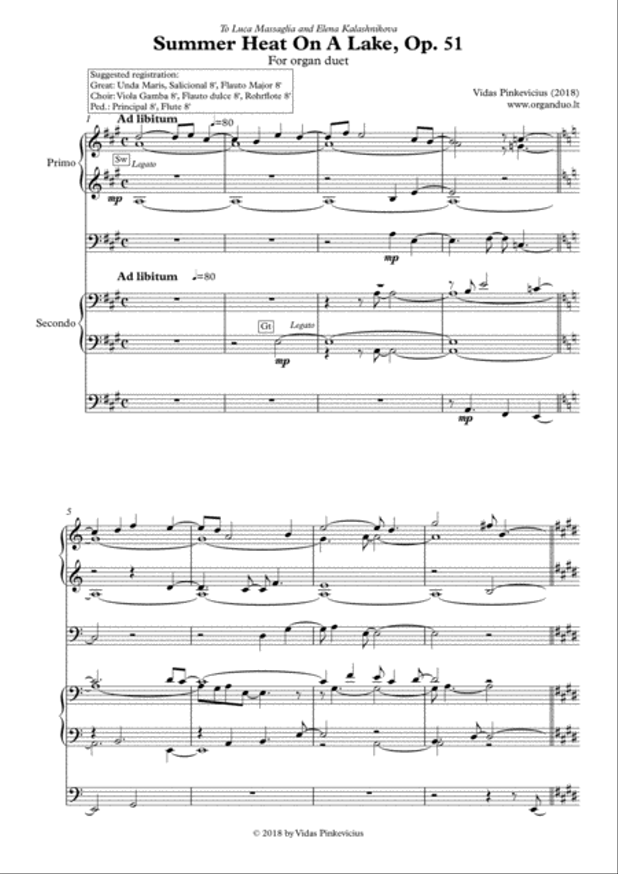 Book cover for Summer Heat On A Lake, Op. 51 (2018) for organ duet