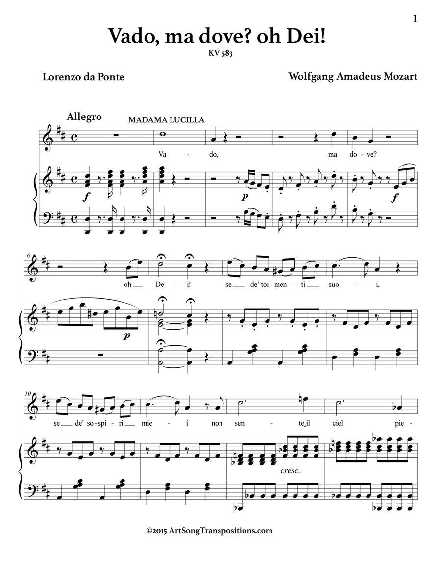MOZART: Vado, ma dove? oh Dei!, K. 583 (transposed to D major) Piano, Vocal scores gallery preview page 2