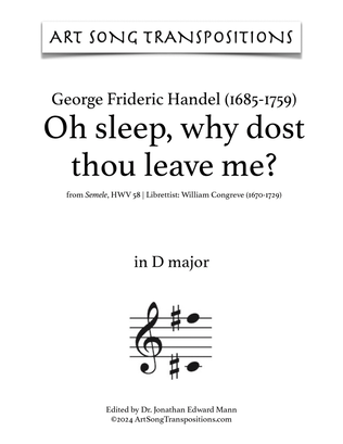 Book cover for HANDEL: Oh sleep, why dost thou leave me? (transposed to D major)
