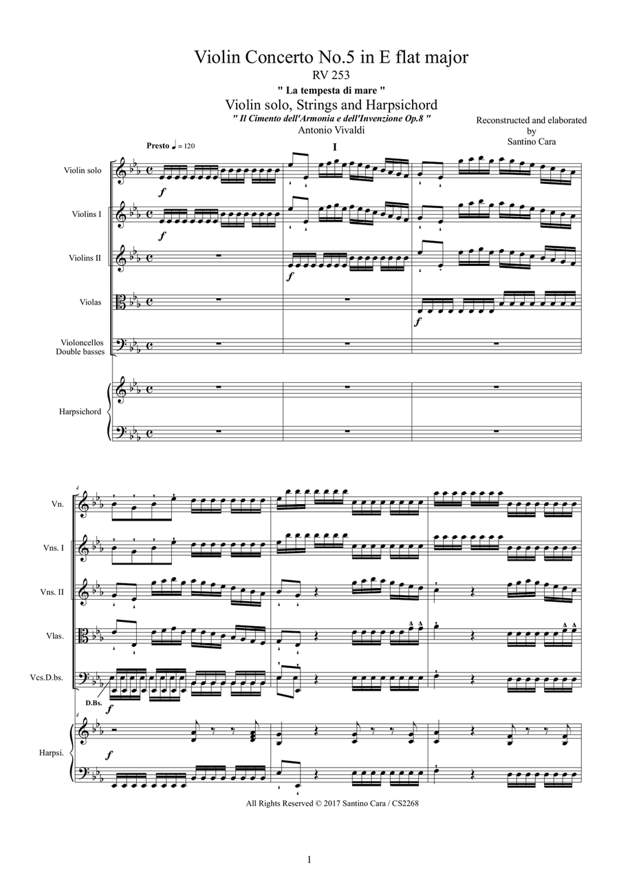 Vivaldi - Concerto No.5 in E flat - La tempesta di mare - RV 253 Op.8 for Violin, Strings and Contin Chamber Orchestra scores gallery preview page 1