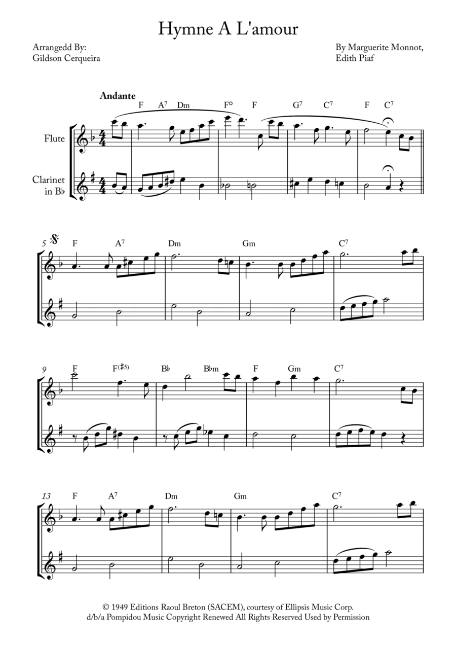 Hymne A L'amour Woodwind Duet scores gallery preview page 1