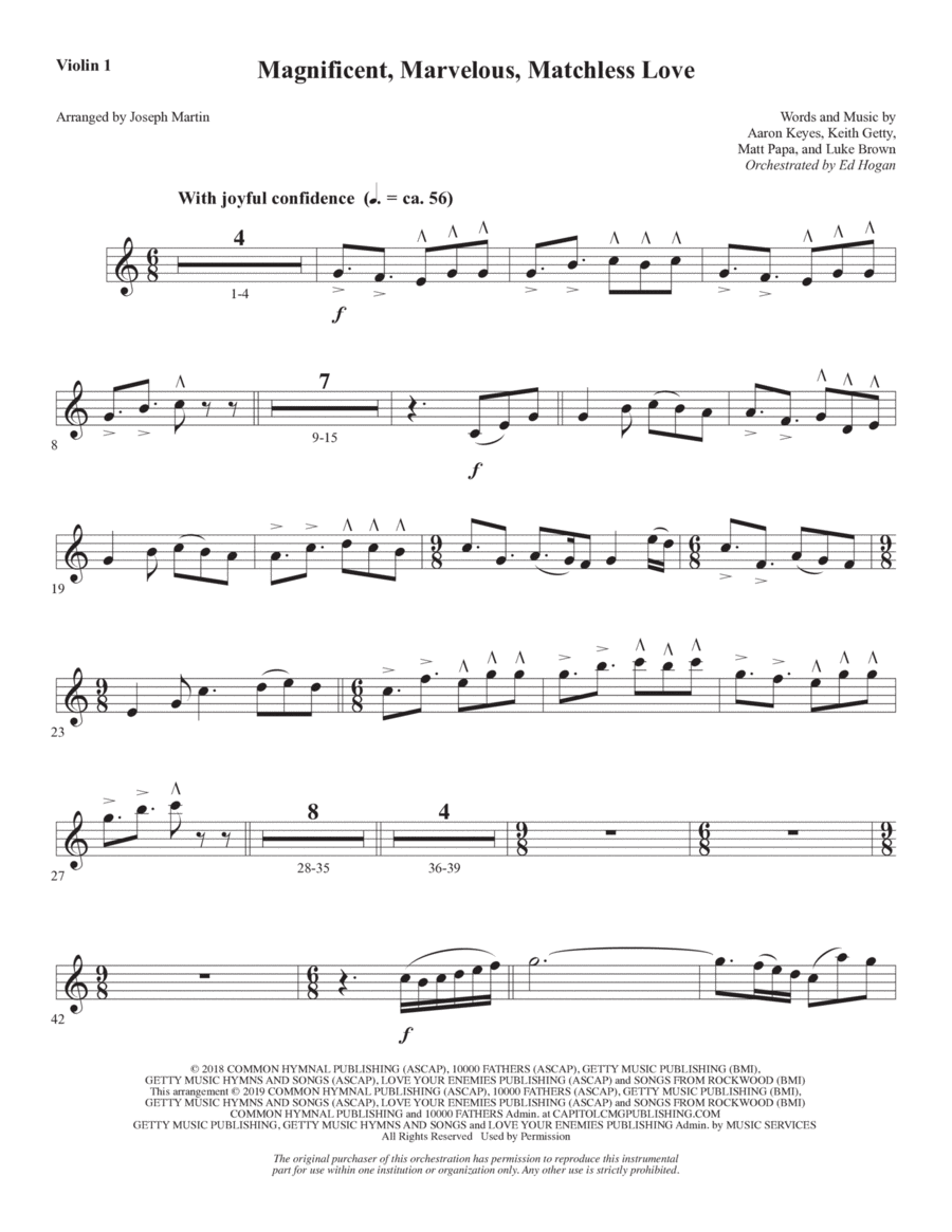 Magnificent, Marvelous, Matchless Love (arr. Joseph M. Martin) - Violin 1 Choir scores gallery preview page 1