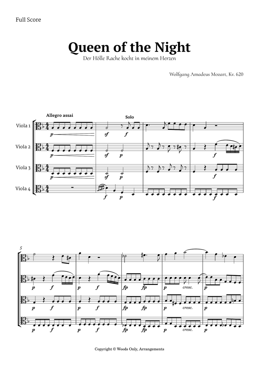 Queen of the Night Aria by Mozart for Viola Quartet String Quartet scores gallery preview page 1