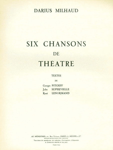 Milhaud Darius 6 Chansons De Theatre Medium Voice & Piano Book
