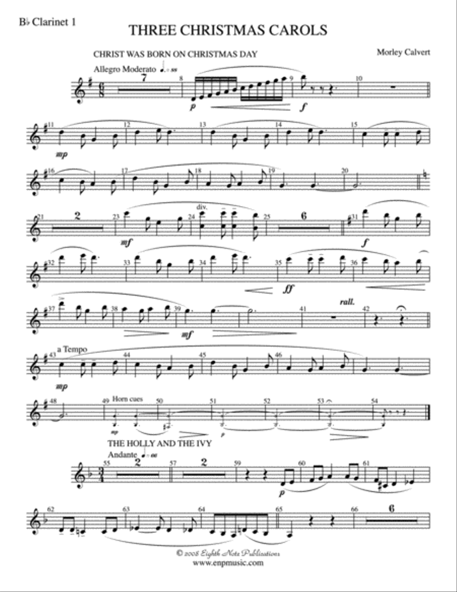 Three Christmas Carols: 1st B-flat Clarinet Concert Band scores gallery preview page 1
