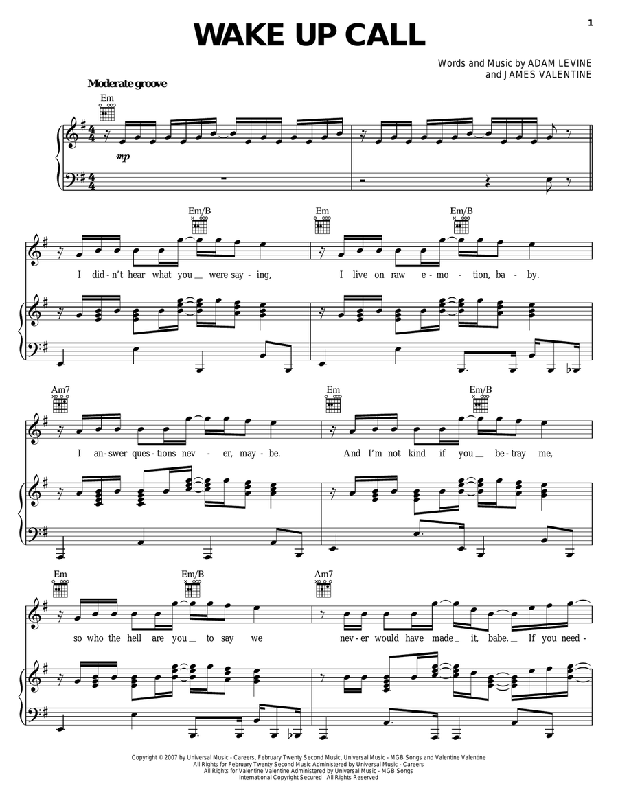 Wake Up Call Piano, Vocal, Guitar scores gallery preview page 1
