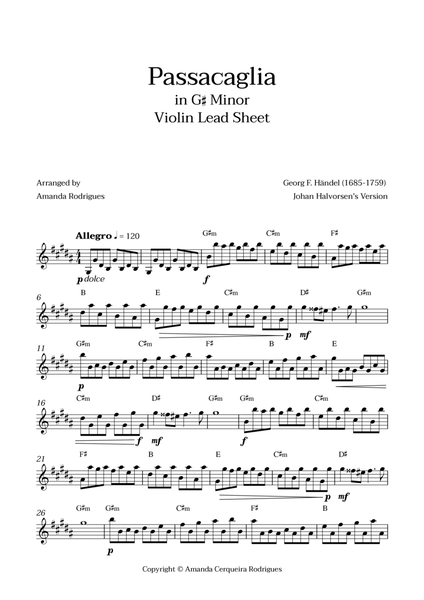 Passacaglia - Easy Violin Lead Sheet in G#m Minor (Johan Halvorsen's Version) image number null