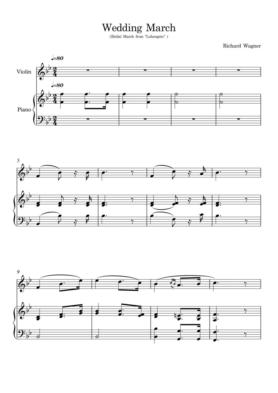 Wedding March - Bridal March from Lohengrin (Opera Richard Wagner) for violin and piano. Violin Solo scores gallery preview page 1