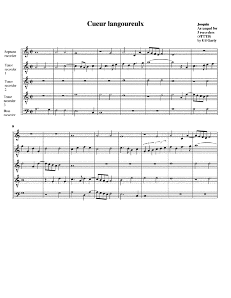 Cueur langoureulx (arrangement for 5 recorders)