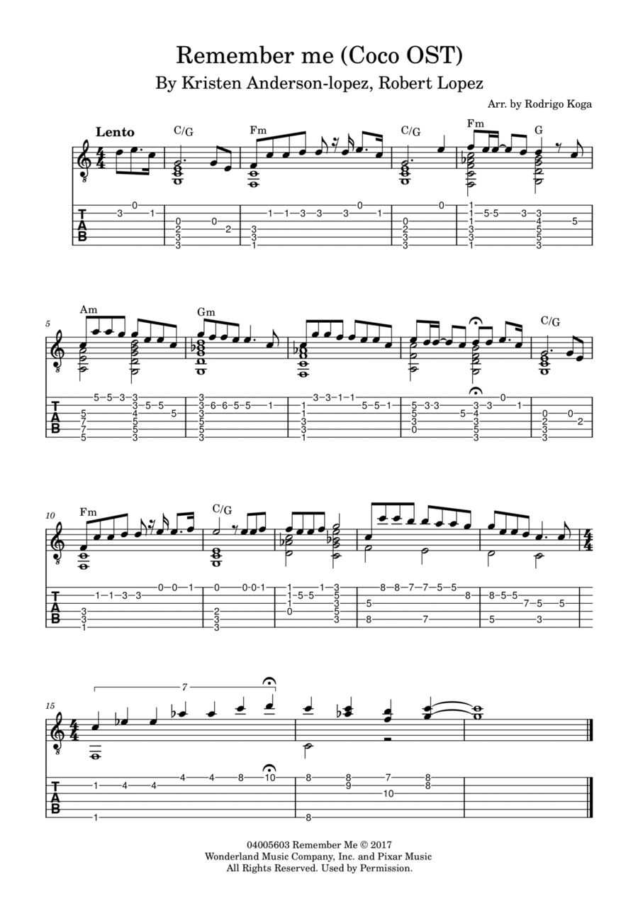 Remember Me (lullaby) Classical Guitar scores gallery preview page 1