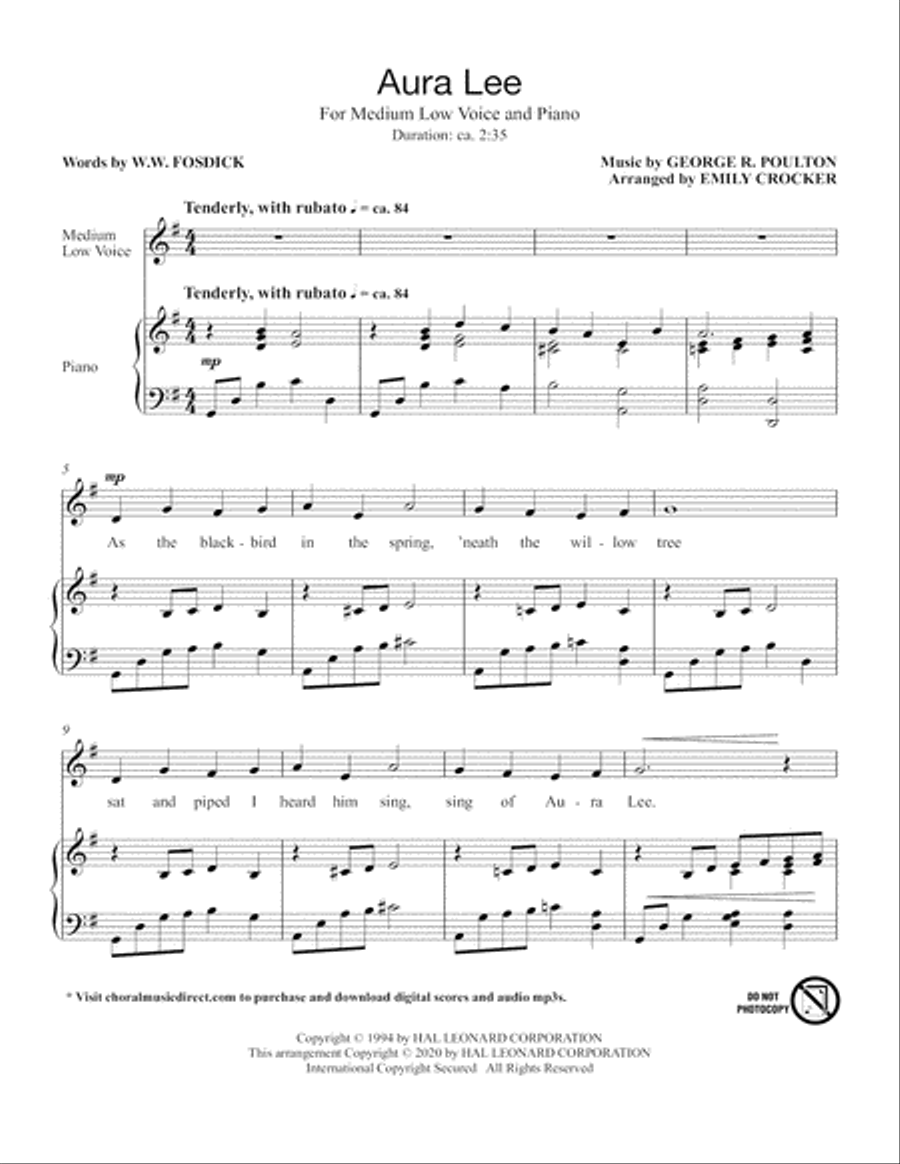 Aura Lee (Medium Low Voice) (includes Audio) Choir scores gallery preview page 2