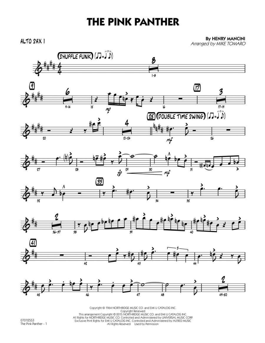 The Pink Panther (arr. Mike Tomaro) - Alto Sax 1 Jazz Ensemble scores gallery preview page 1