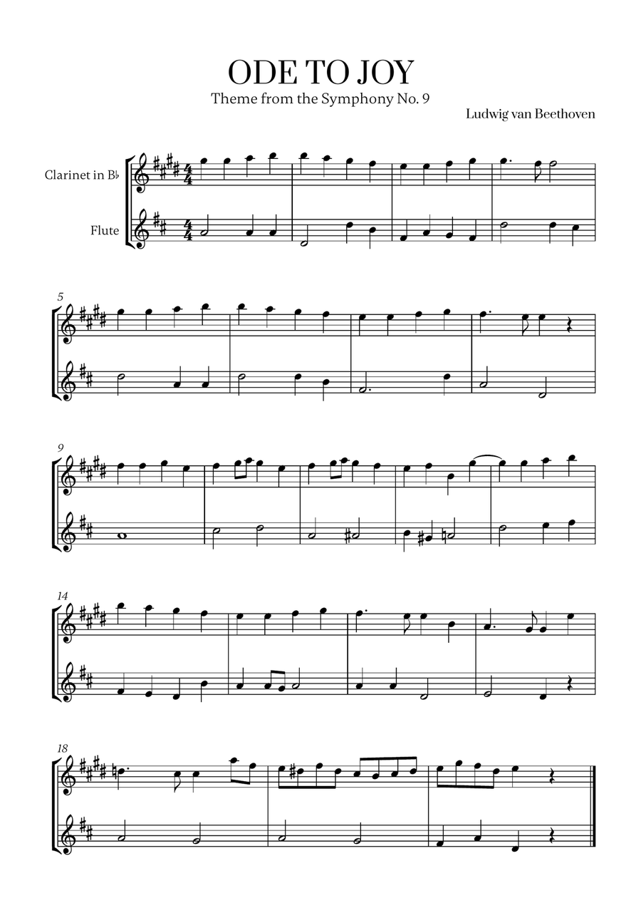 L. v. Beethoven - Ode to Joy (from Symphony No. 9) (for Clarinet and Flute) Woodwind Duet scores gallery preview page 1