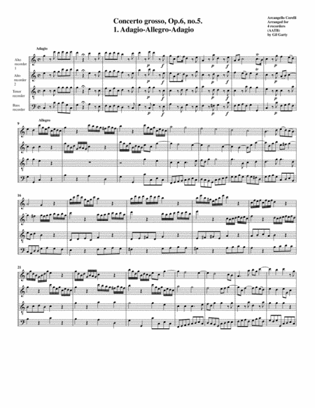 Concerto grosso, Op.6, no.5 (arrangement for 4 recorders)