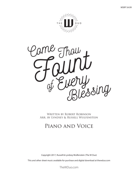Come Thou Fount of Every Blessing - Piano and Voice, Arr. by The W Duo image number null