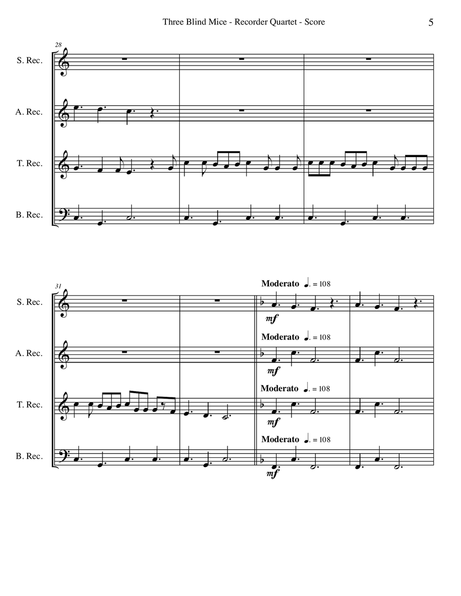 Three Blind Mice for Recorder Quartet Small Ensemble scores gallery preview page 5