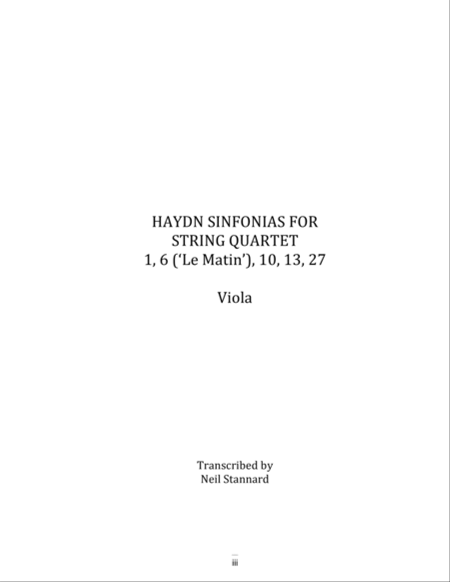 Haydn Sinfonias for String Quartet: 1, 6 ('Le Matin'), 10, 13, 27 Viola String Quartet scores gallery preview page 3