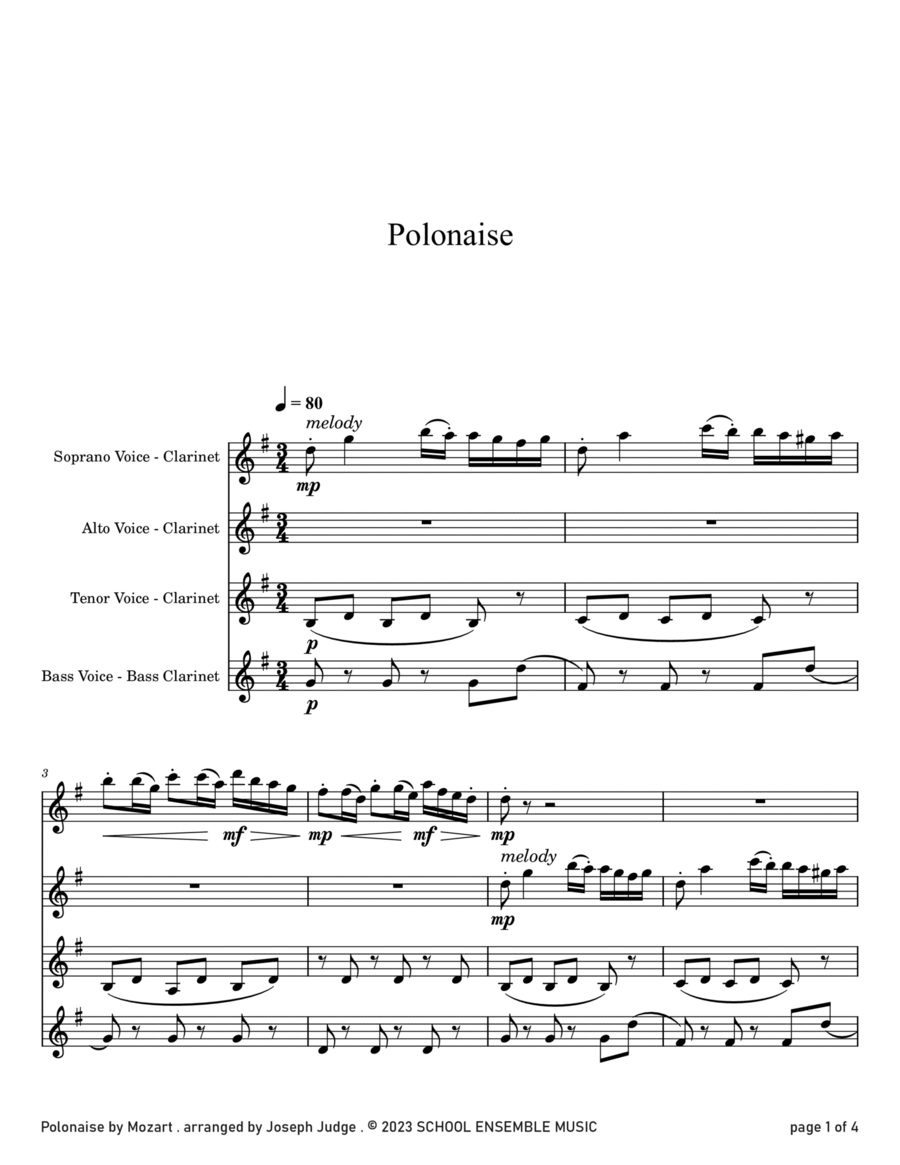 Polonaise by Mozart for Clarinet Quartet in Schools Clarinet Quartet scores gallery preview page 1