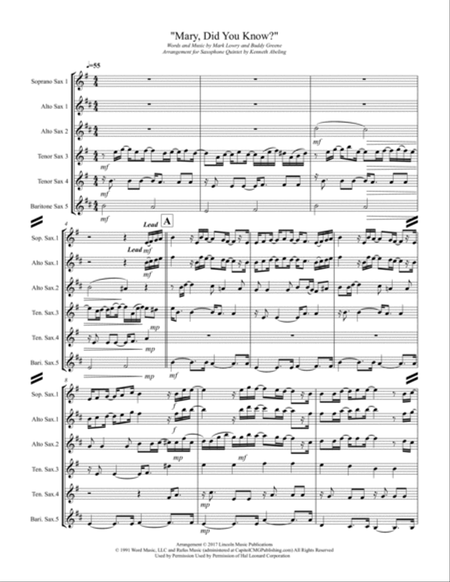 Mary, Did You Know? Saxophone Quintet scores gallery preview page 2