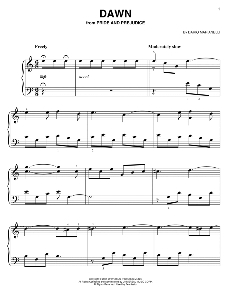 Dawn (from Pride And Prejudice) Easy Piano scores gallery preview page 1