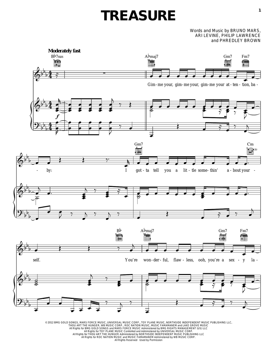 Treasure Piano, Vocal, Guitar scores gallery preview page 1