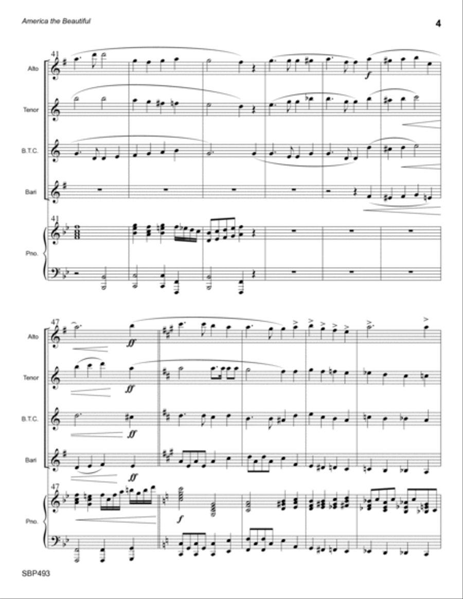 AMERICA THE BEAUTIFUL - AAB or ATB Saxes and Trombone (or Baritone TC) with optional Piano Small Ensemble scores gallery preview page 4
