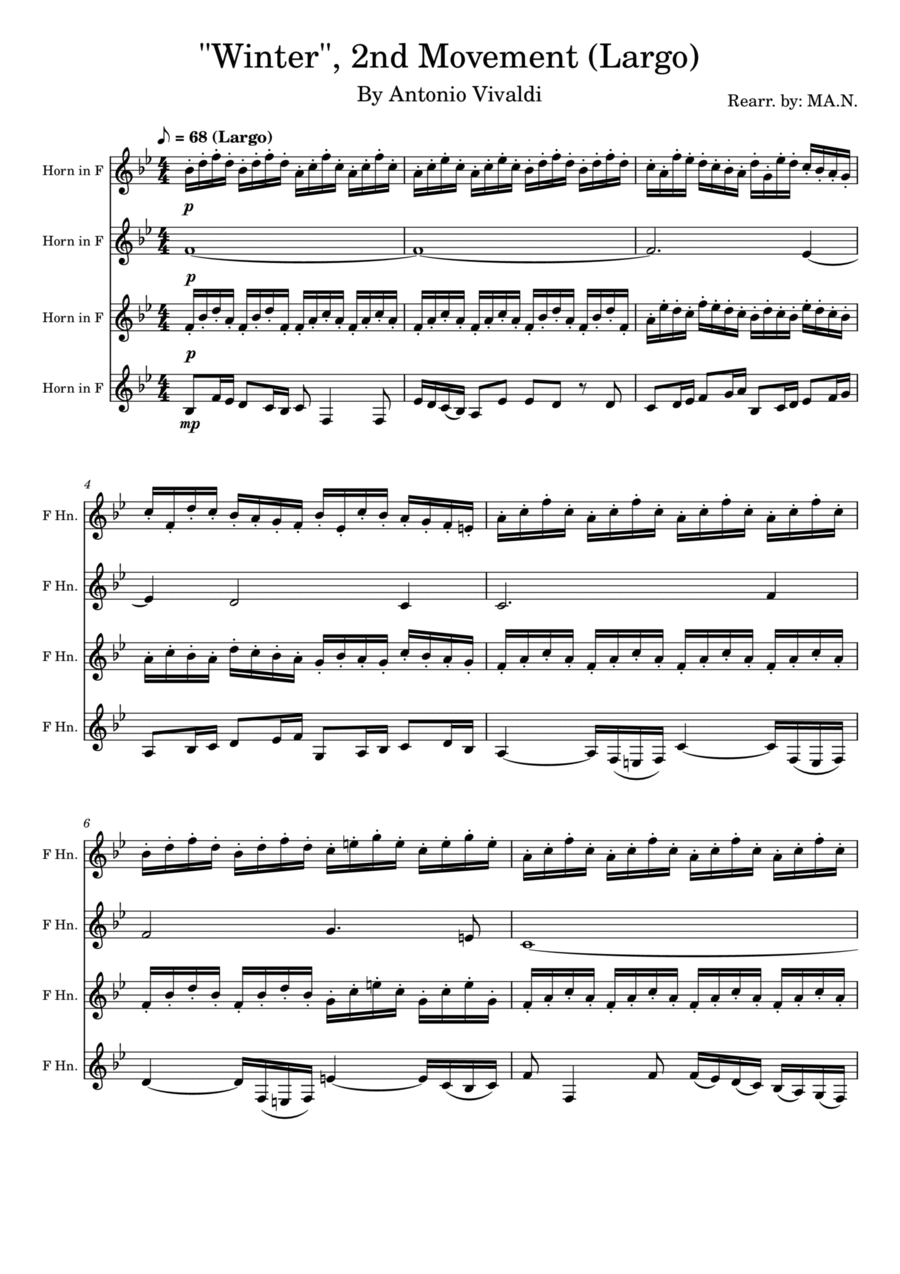 Antonio Vivaldi's Four Seasons, Winter, 2nd Movement (Largo) for Horn Quartet French Horn Quartet scores gallery preview page 1