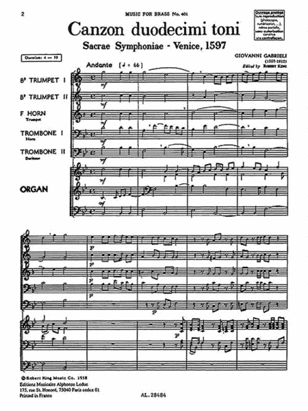 Canzon Duodecimi Toni, Sacred Symphony, Transcribed For Five-part B