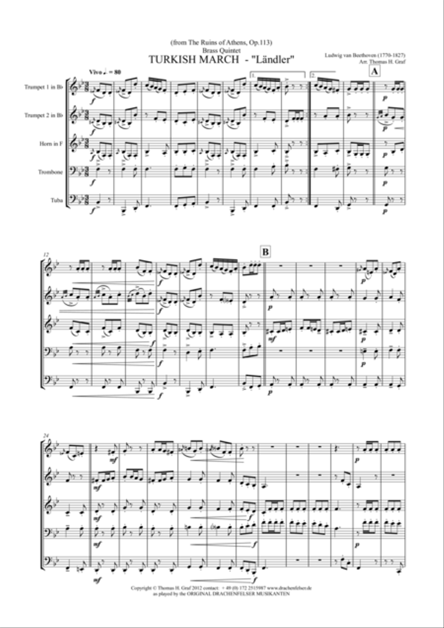 Turkish March Ländler - Beethoven - Brass Quintet Brass Quintet scores gallery preview page 1