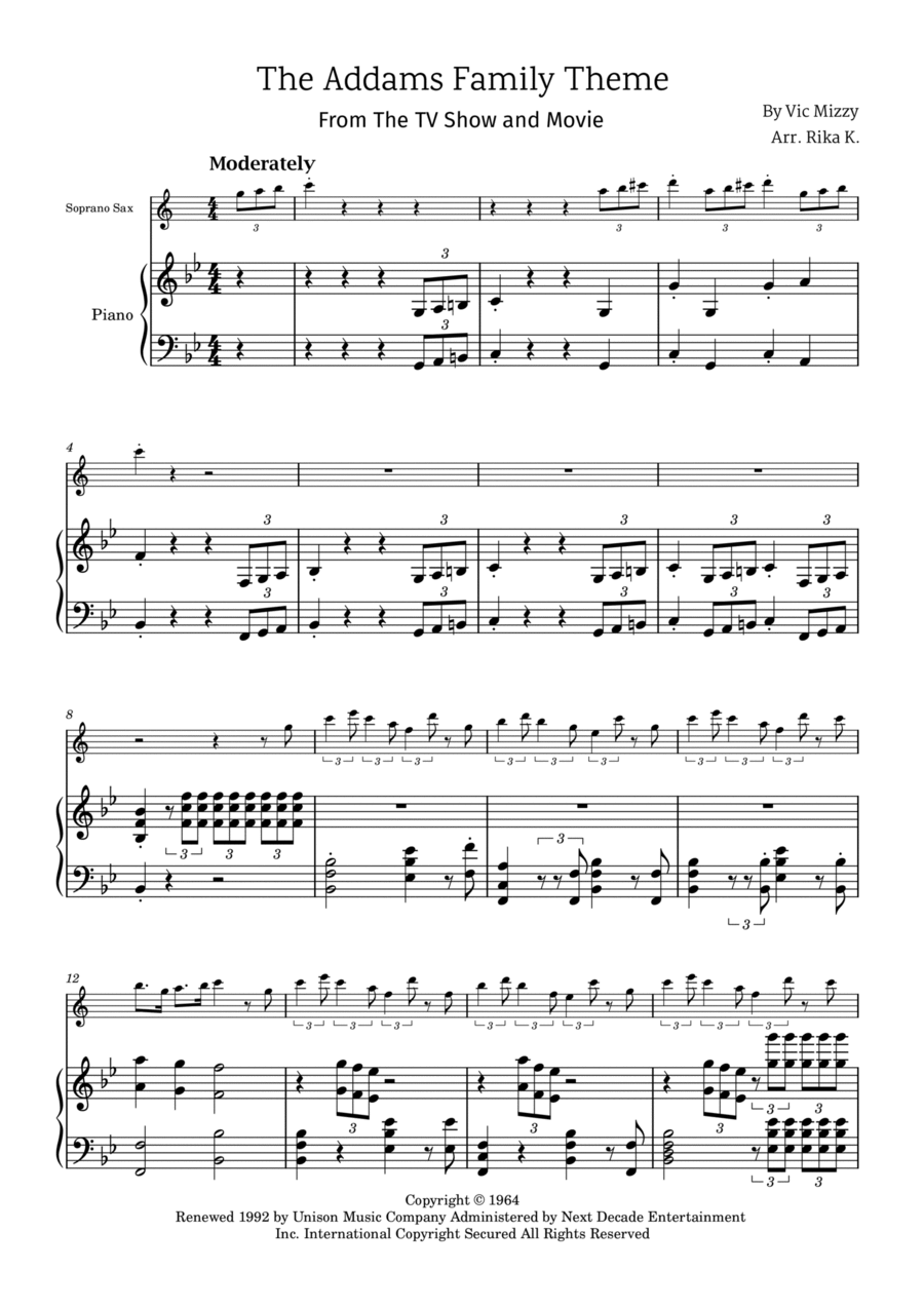 Addams Family Theme Soprano Saxophone scores gallery preview page 1