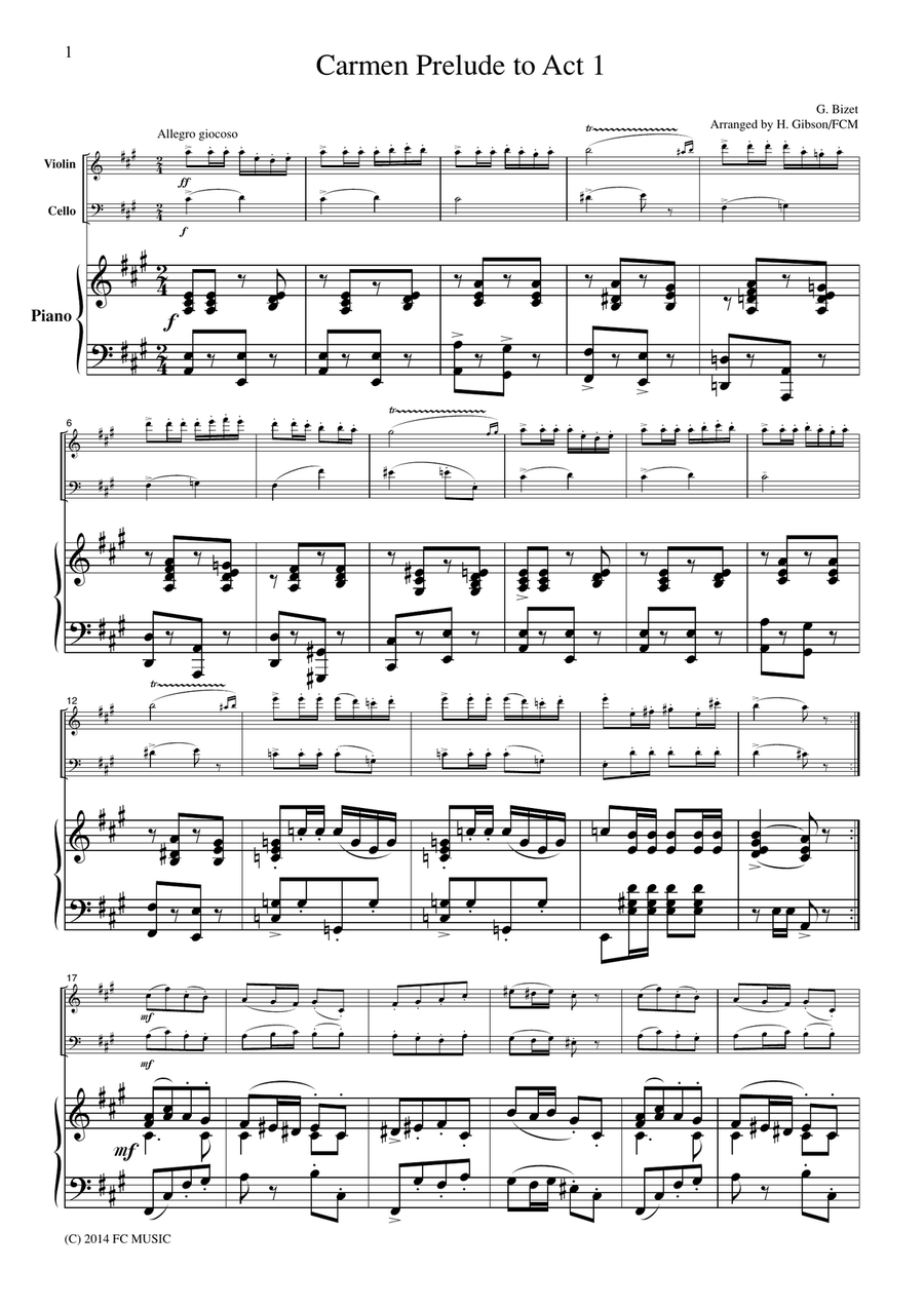 Bizet Prelude to Act 1 from Carmen, for piano trio, PB301 Piano Trio scores gallery preview page 1