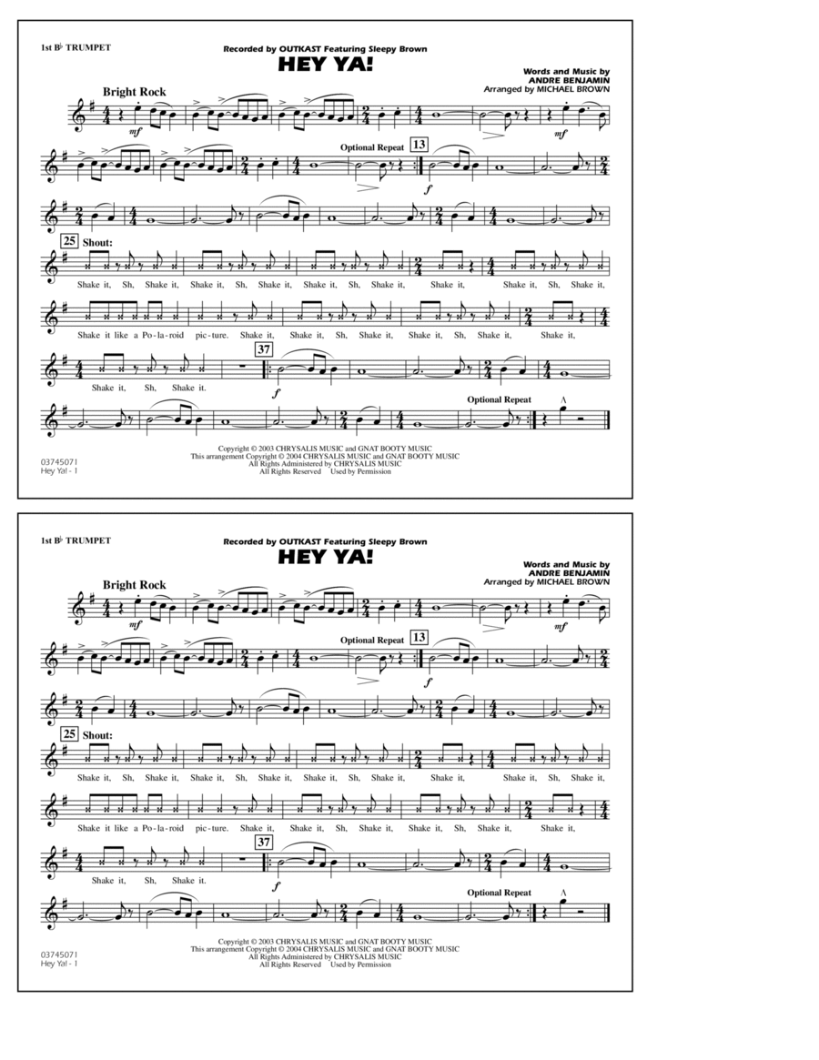 Hey Ya! (arr. Michael Brown) - 1st Bb Trumpet Marching Band scores gallery preview page 1