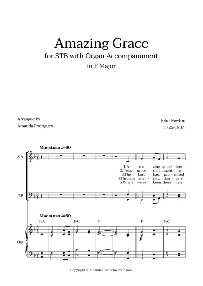 Amazing Grace in F Major - Soprano, Tenor and Bass with Organ Accompaniment and Chords image number null