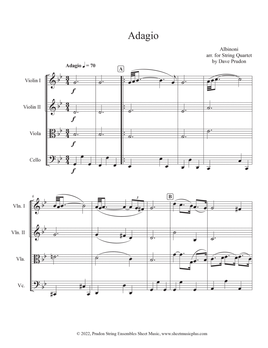 Albinoni Adagio for String Quartet String Quartet scores gallery preview page 1