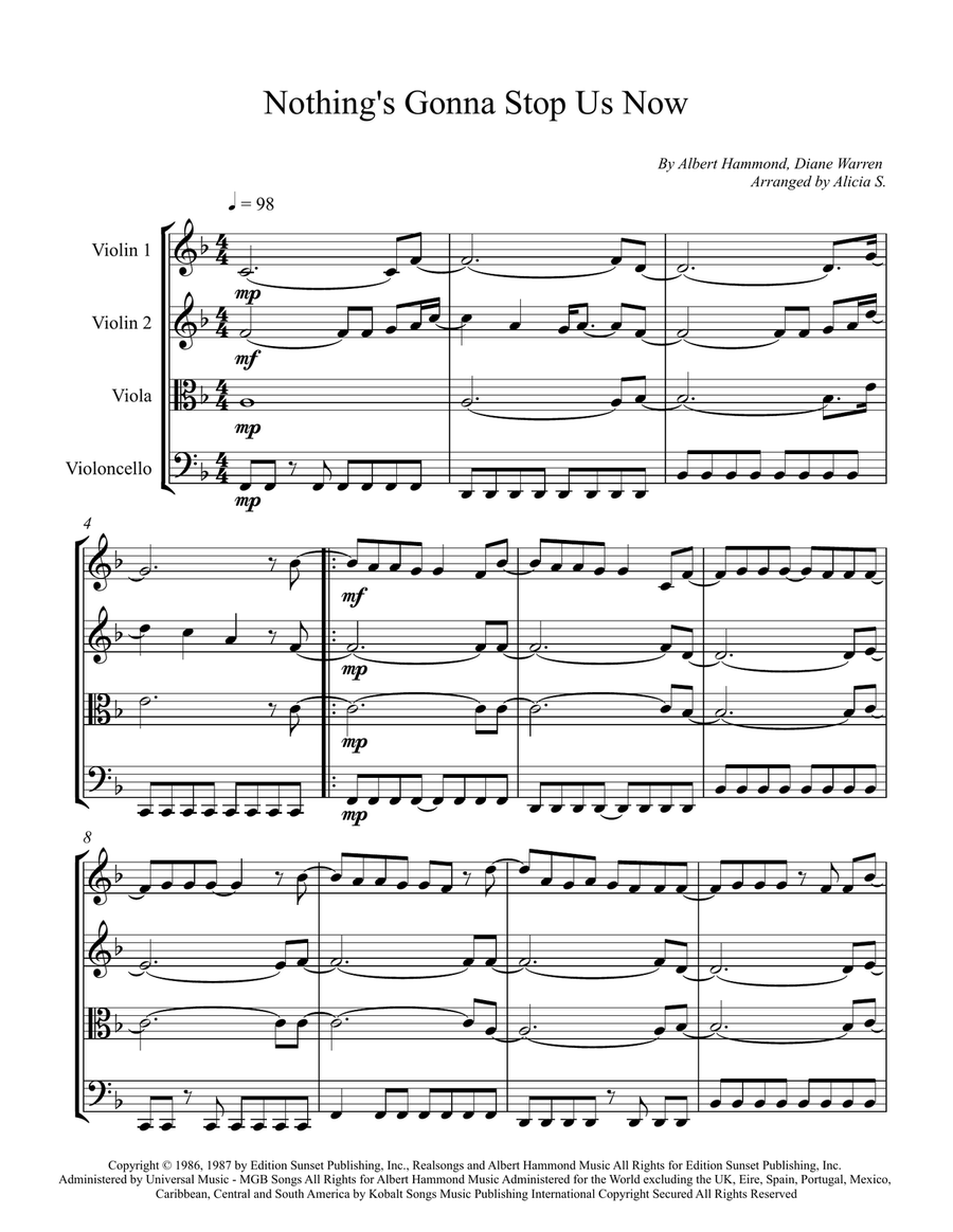 Nothing's Gonna Stop Us Now String Quartet scores gallery preview page 1