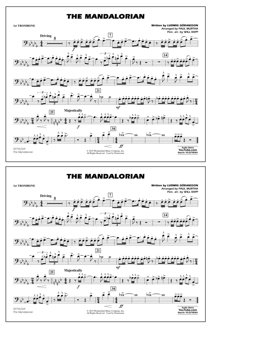 The Mandalorian (from Star Wars: The Mandalorian) (arr. Paul Murtha) - 1st Trombone Marching Band scores gallery preview page 1