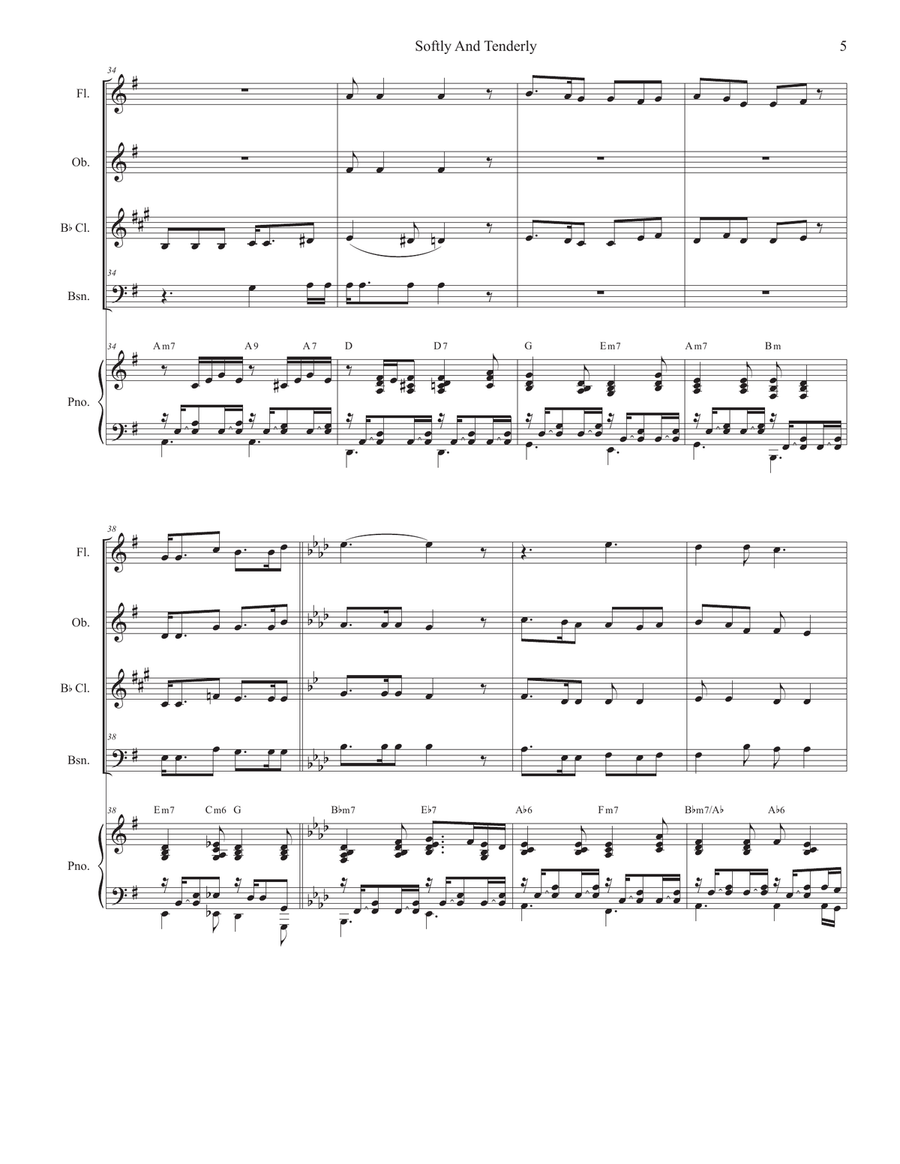 Softly And Tenderly (Woodwind Quartet and Piano) Woodwind Quartet scores gallery preview page 5