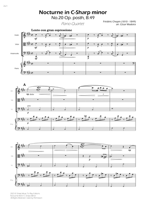 Nocturne No.20 in C Sharp minor - Piano Quartet (Full Score) - Score Only