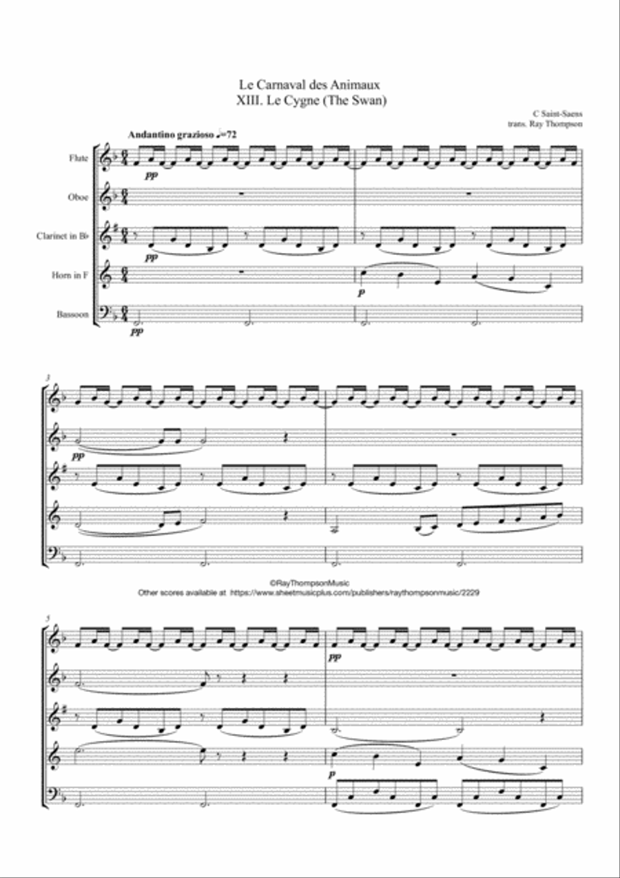 Saint-Saëns: Le Carnaval des Animaux - XIII Le Cygne (The Swan) - wind quintet Woodwind Quintet scores gallery preview page 1