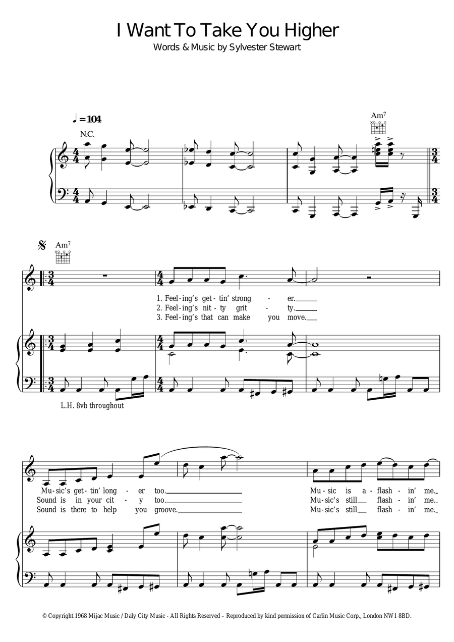 I Want To Take You Higher Piano, Vocal, Guitar scores gallery preview page 1