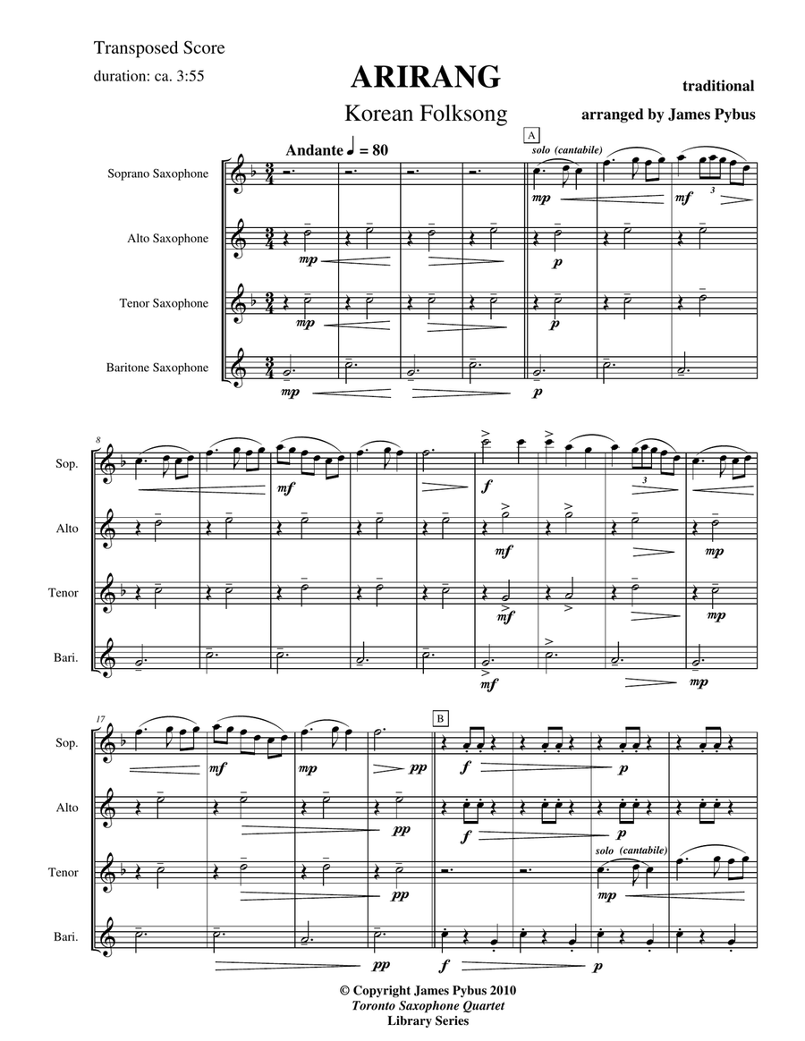 Arirang (Korean Folk Song) (Saxophone Quartet version) Saxophone Quartet scores gallery preview page 3