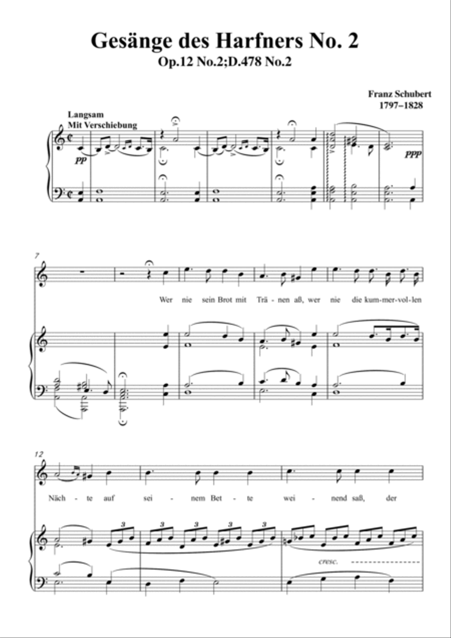 Schubert-Gesänge des Harfners,Op.12 No.2 in a minor,for Vocal and Piano Voice scores gallery preview page 2