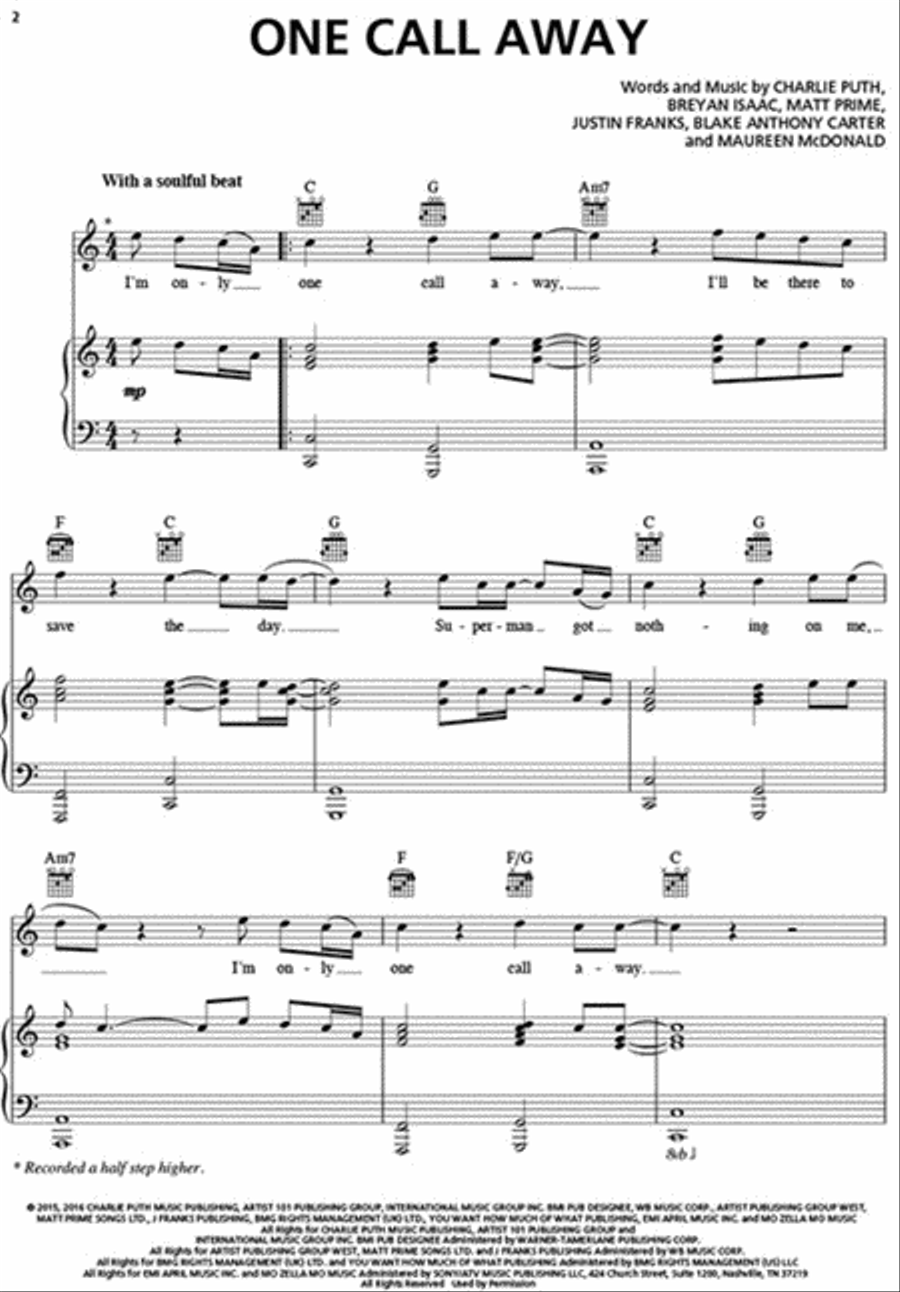 One Call Away Piano, Vocal, Guitar scores gallery preview page 2