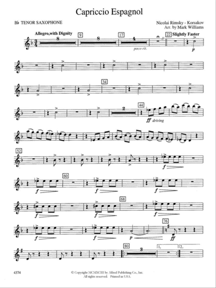Capriccio Espagnol: B-flat Tenor Saxophone Concert Band scores gallery preview page 1